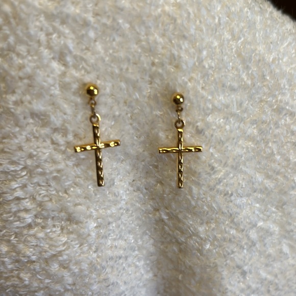 Beautiful Vintage Gold Cross Dangle Pierced Earrings - Picture 3 of 5